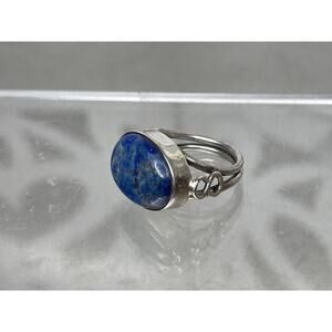 Vintage Sterling Silver 925 Blue Lapis Lazuli Ring Large Oval Detailed Size 7.25